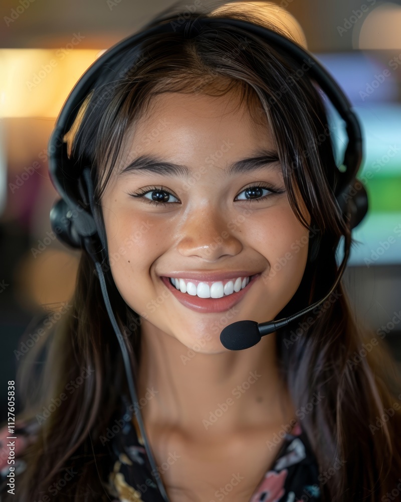 Cheerful call center representative assisting customers in a professional office environment Cheerful call center representative assisting customers in a professional office environment