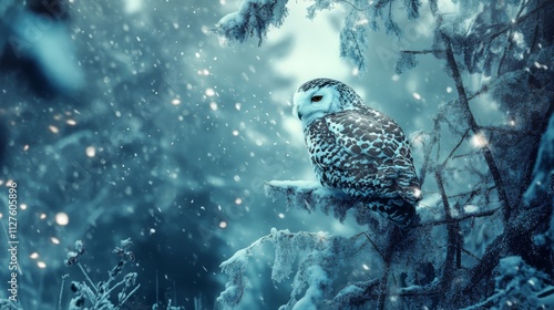 Snowy owl perched on snow-covered branch in blizzard. photo