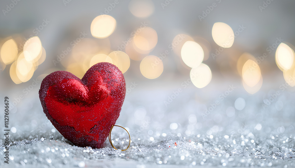 Red decorative heart on glitter against blurred lights, closeup Red decorative heart on glitter against blurred lights, closeup