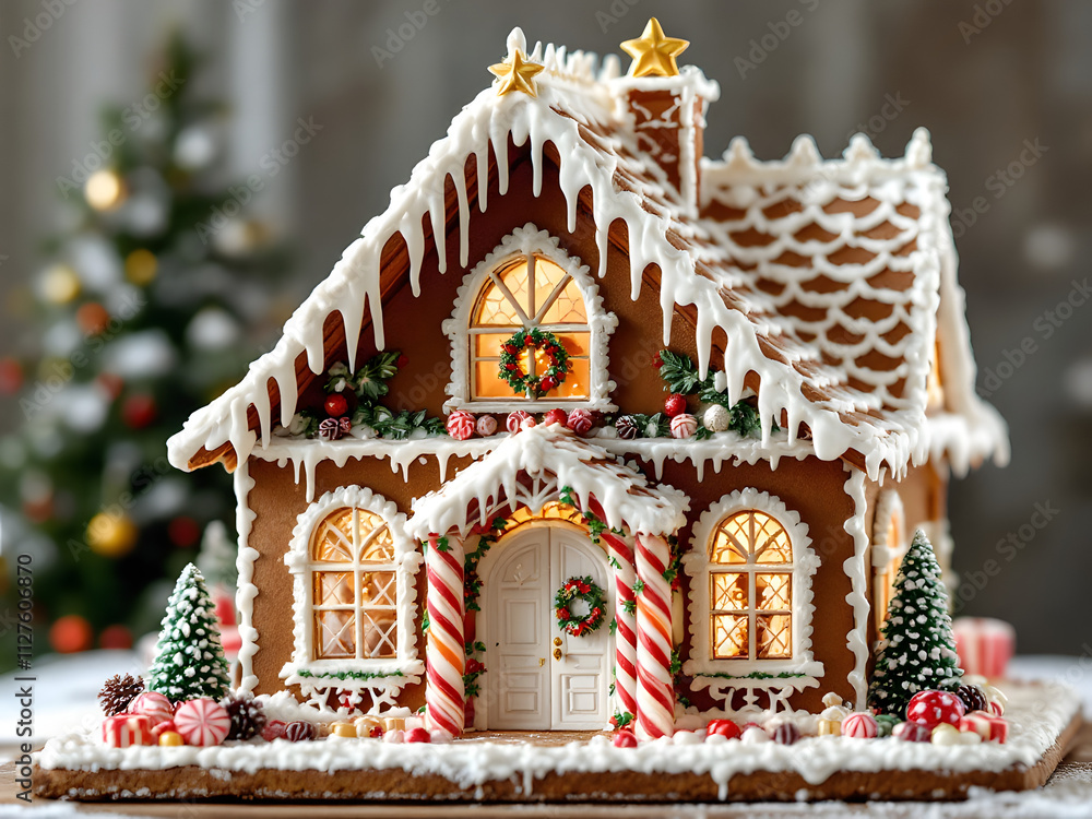Fototapeta premium Gingerbread house, Christmas, festive, candy, icing, decorations, holiday, sweet, baked, treats, winter, snow, colorful, ornaments, tree, lights, cozy, celebrations, family, tradition, cookies, cakes,