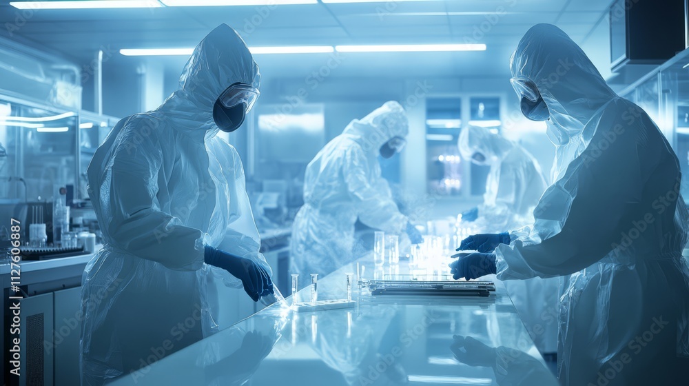 Scientists in protective suits working in a lab. Scientists in protective suits working in a lab.
