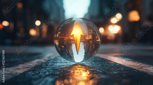 Glowing upward arrow inside a crystal ball on a city street at night symbolizes growth, potential, and a positive future direction