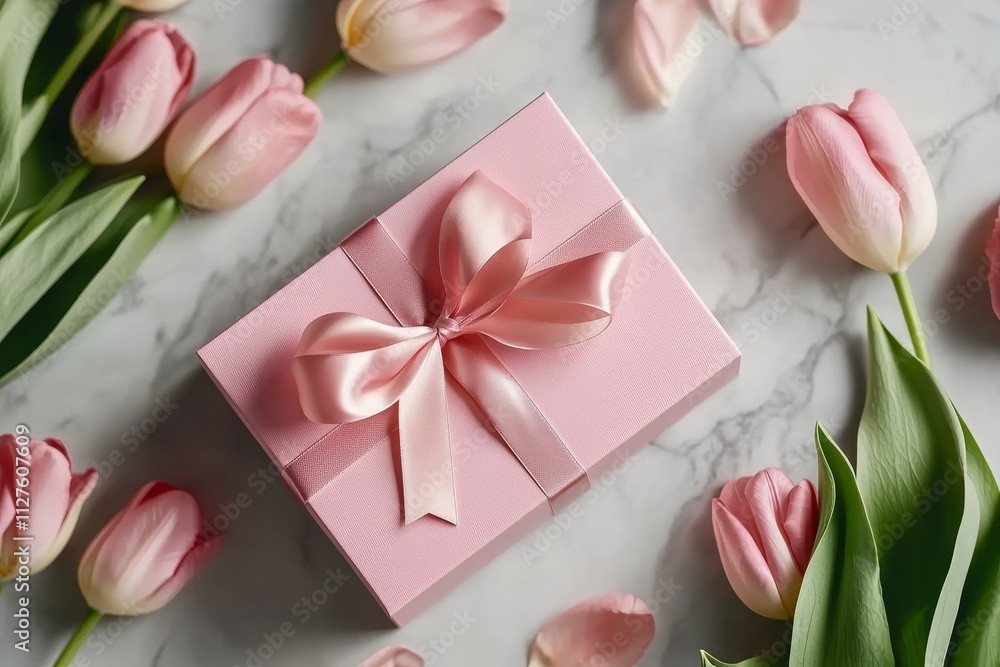 Elegant baby pink gift card mockup with tulip background for celebrations and special occasions Elegant baby pink gift card mockup with tulip background for celebrations and special occasions