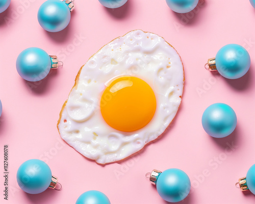Fried Egg Surrounded by Blue Christmas balls ornaments pattern on Pink pastel Background.