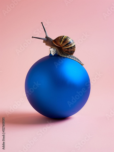 A snail gracefully standing on a top a shiny blue Christmas bauble ornament against a soft pink background. Fun xmas concept.