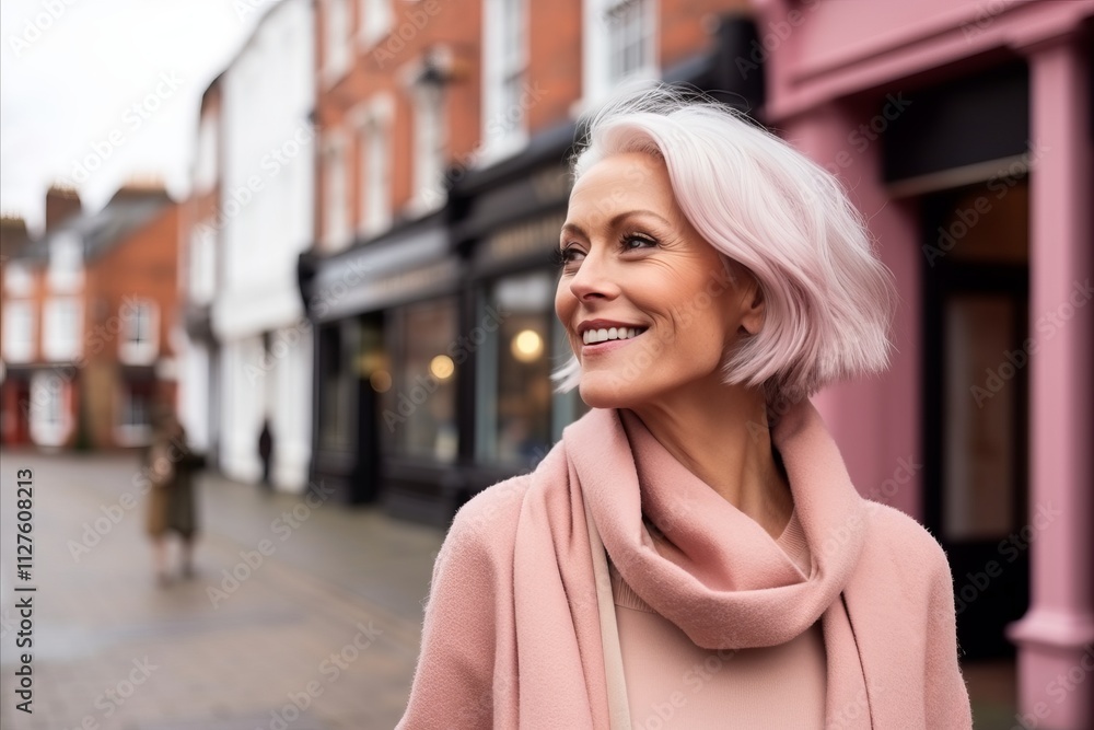 beauty, fashion, people and lifestyle concept - smiling middle aged woman in pink coat over street background beauty, fashion, people and lifestyle concept - smiling middle aged woman in pink coat over street background
