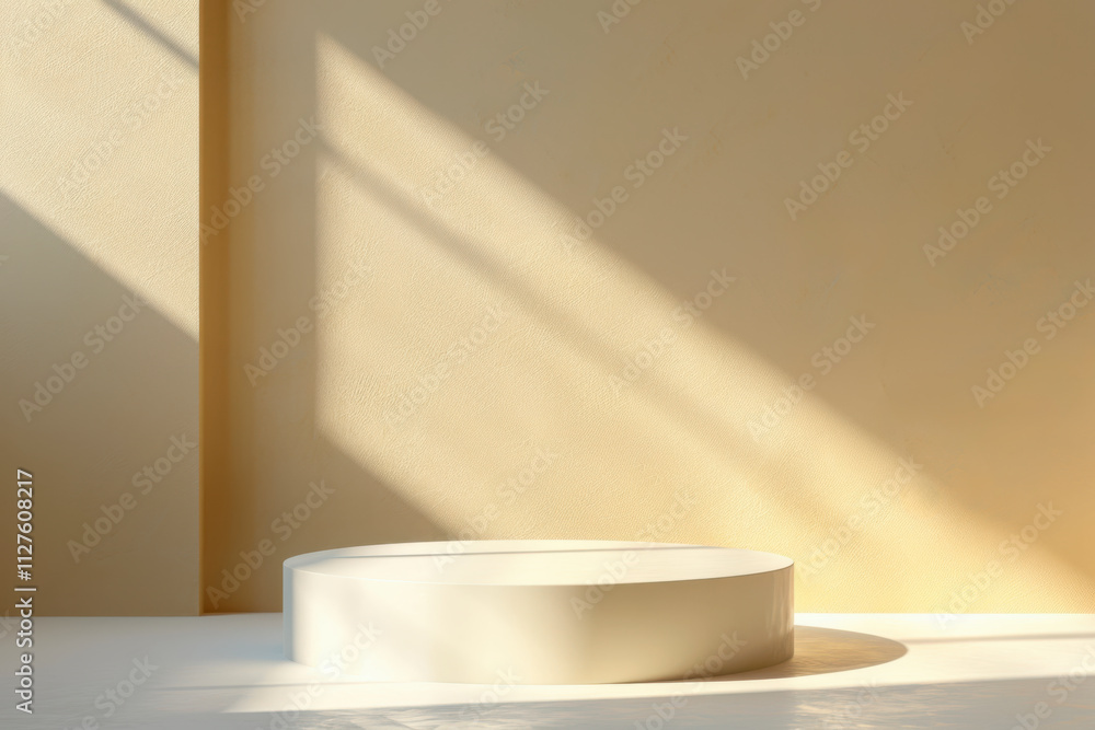 Round podium for product display and geometric shadows on light yellow background. Trendy neutral aesthetic mockup template for beauty and cosmetics stage Round podium for product display and geometric shadows on light yellow background. Trendy neutral aesthetic mockup template for beauty and cosmetics stage