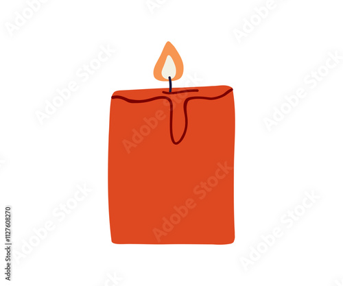 The candle is drawn in a flat, minimalist style. Warmth, fire, coziness. Hand drawn vector illustration.