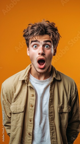 A young man with curly hair displays an astonished expression with wide eyes and open mouth, set against an orange background. His beige shirt adds a casual vibe to the portrait. AI generated.