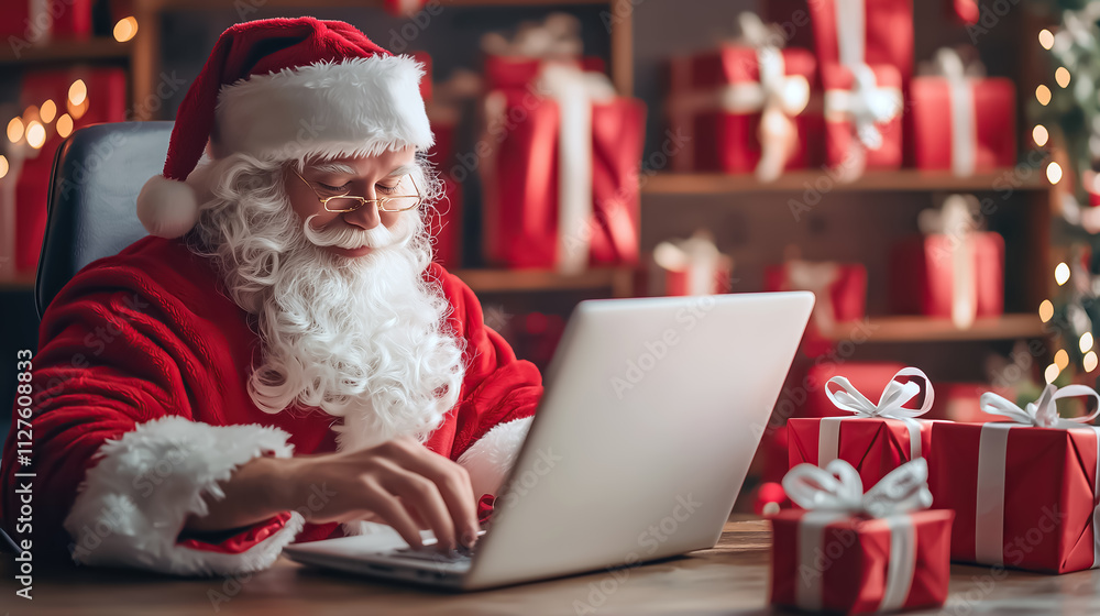 © ELENA AI - Santa Claus sitting at his desk with an open laptop, surrounded by wrapped Christmas presents and shelves of red gift boxes. Perfect for holiday advertising or festive campaigns 2026 - 2027.