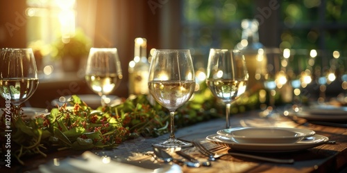 Elegant Table Setting with Sunlit Glasses of White Wine at an Outdoor Garden Party Illuminated by Warm Evening Light with Floral Greenery