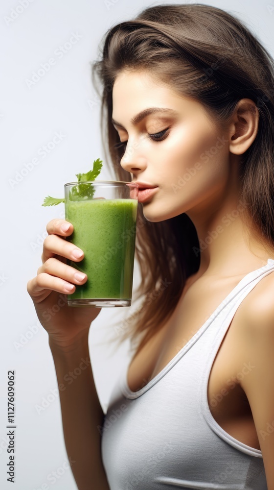 Brunette hair woman in blue top drinks glass of healthy green smoothie. Healthy eating. Brunette hair woman in blue top drinks glass of healthy green smoothie. Healthy eating.