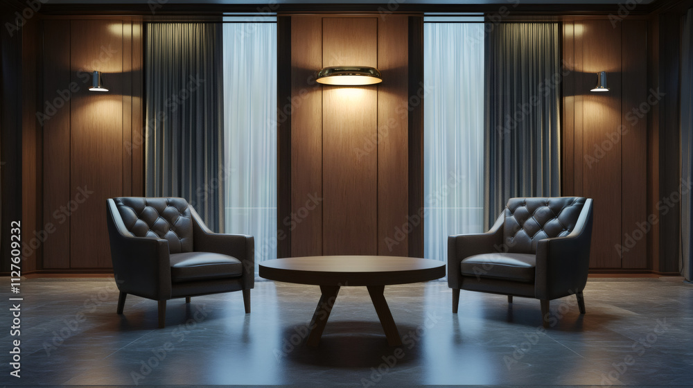 Fototapeta premium Elegant waiting area with two leather armchairs, a round wooden table, and chic wall lamps, providing a refined and cozy ambiance