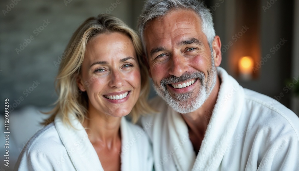 A joyful mature couple wearing robes, enjoying a relaxing moment in a serene spa ambience. Candles in the background create a warm and peaceful atmosphere.
A joyful mature couple wearing robes, enjoying a relaxing moment in a serene spa ambience. Candles in the background create a warm and peaceful atmosphere.