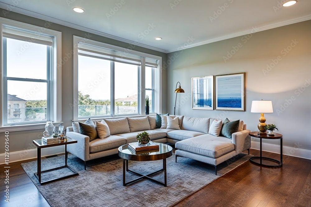 Fototapeta premium Stylish Living Room Featuring Contemporary Sectional Accent Table and Expansive Window Views