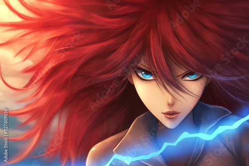 Dramatic anime portrait featuring a girl with striking red eyes and windswept hair