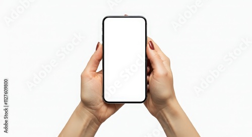 Mockup image of a beautiful woman holding and showing smartphone or mobile phone with blank white screen photo