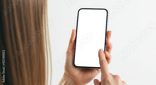 Mockup image of a beautiful woman holding and showing smartphone or mobile phone with blank white screen photo