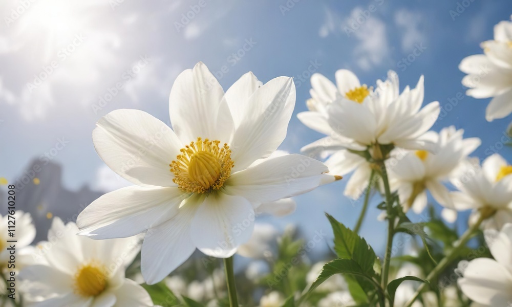 Panoramic view of white flower with yellow stamens in the sky, natural beauty, beautiful, scenery, large format Panoramic view of white flower with yellow stamens in the sky, natural beauty, beautiful, scenery, large format