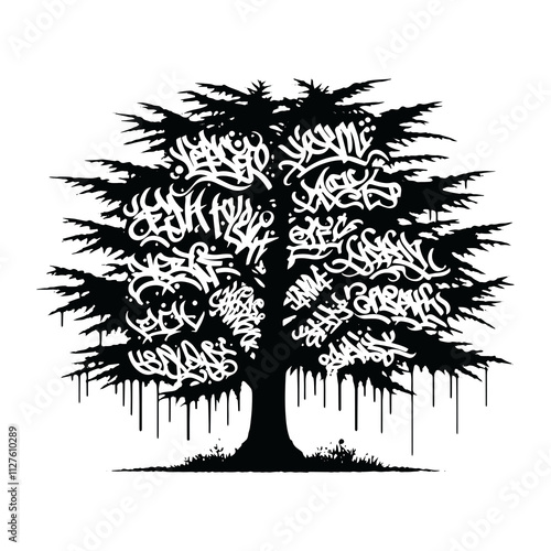 Yew tree silhouette fill with graffiti tags, street calligraphy, photo