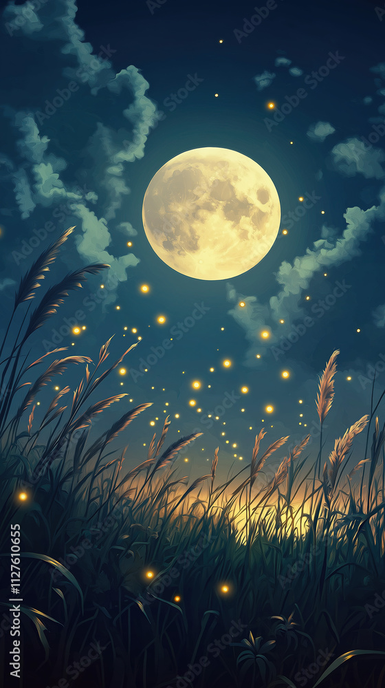 Whimsical Meadow at Night with Fireflies and Glowing Moon for Inspirational Art Prints Whimsical Meadow at Night with Fireflies and Glowing Moon for Inspirational Art Prints