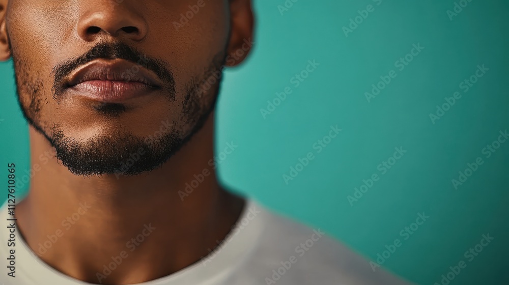 Fototapeta premium A close-up portrait shot of a man with a calm expression, facing forward, set against a bright and even teal background