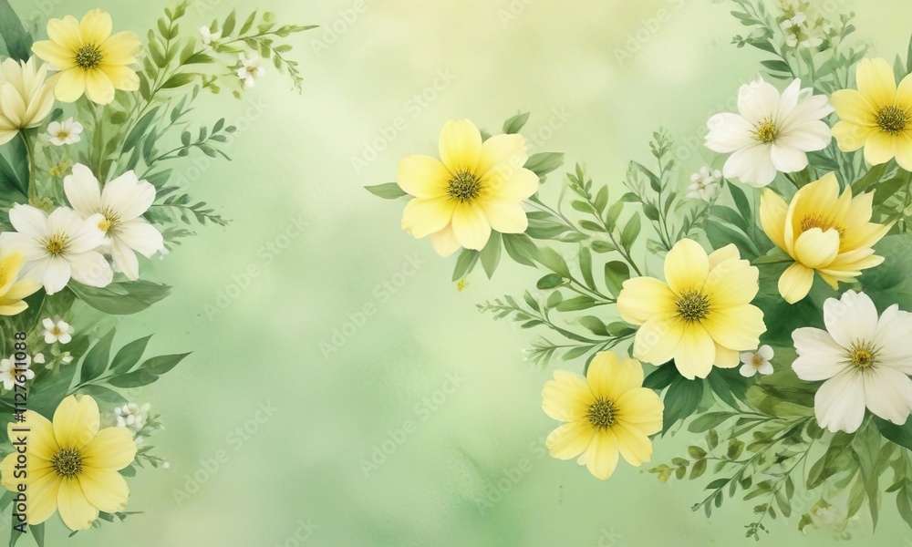 Fototapeta premium Pastel yellow and green watercolor background with delicate flowers, landscape, foliage