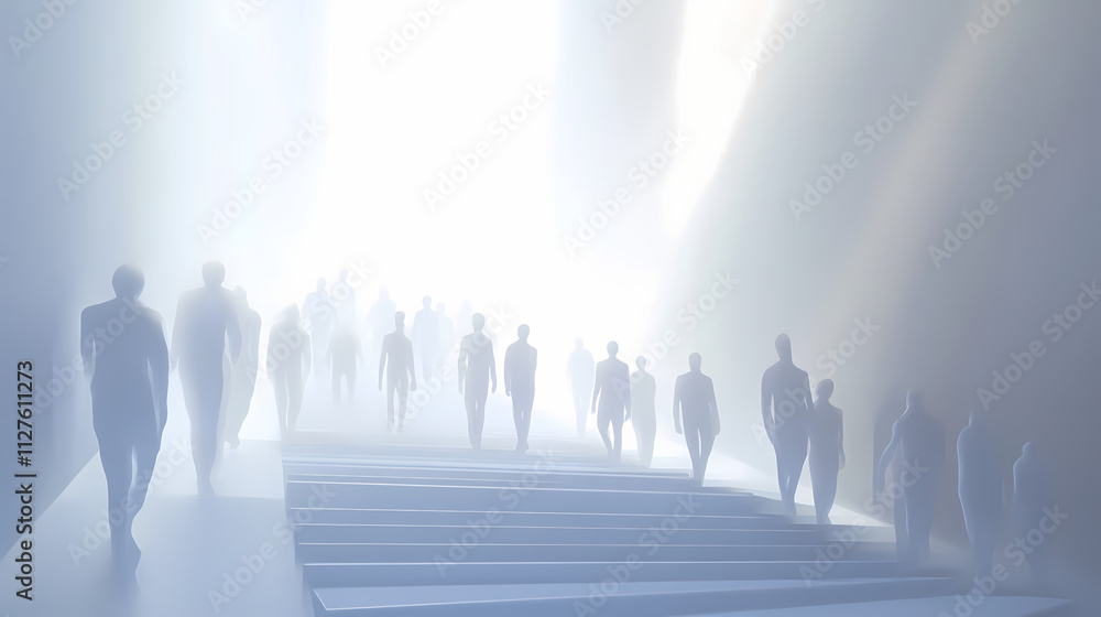 Abstract, surreal image of a group of white figures walking down a staircase towards a bright light, creating an illusion of depth and perspective. Mystify. Illustration Abstract, surreal image of a group of white figures walking down a staircase towards a bright light, creating an illusion of depth and perspective. Mystify. Illustration