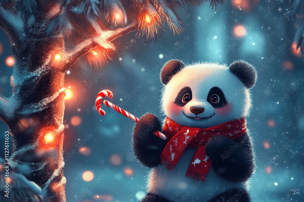 A cheerful panda in a red scarf holds a candy cane under a glowing tree. A cheerful panda in a red scarf holds a candy cane under a glowing tree.