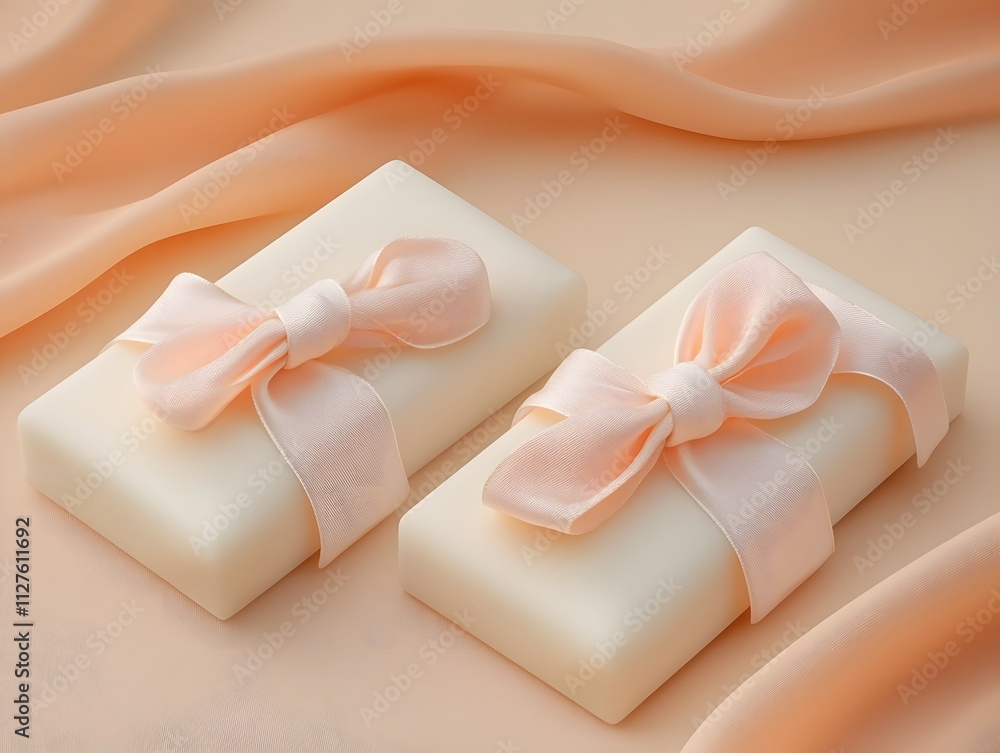 Two elegantly wrapped gifts with soft ribbons on a smooth, light fabric background. Two elegantly wrapped gifts with soft ribbons on a smooth, light fabric background.