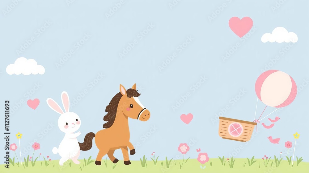 Baby shower invitation set with cartoon horse, rabbit, and hot air balloon on blue and pink background, gender reveal theme, vector illustration, cartoon, horse Baby shower invitation set with cartoon horse, rabbit, and hot air balloon on blue and pink background, gender reveal theme, vector illustration, cartoon, horse