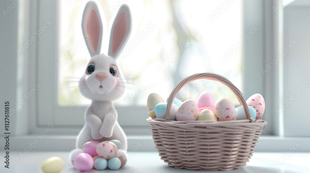 Adorable bunny sitting beside a basket filled with vibrant Easter eggs on a sunny windowsill Adorable bunny sitting beside a basket filled with vibrant Easter eggs on a sunny windowsill