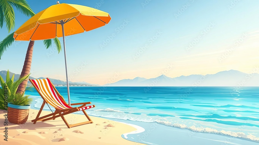 Fototapeta premium Beach umbrella and chair on sandy beach with sea and mountains in background, concept, vector