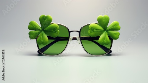 Fashionable Vintage Green Sunglasses with Four-Leaf Clovers on white background. St Patricks Day photo