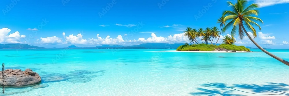 Beautiful tropical beach with white sand, crystal clear turquoise water, palm trees, and colorful coral reefs, surrounded by lush greenery and a clear blue sky overhead, blue sky, white sand Beautiful tropical beach with white sand, crystal clear turquoise water, palm trees, and colorful coral reefs, surrounded by lush greenery and a clear blue sky overhead, blue sky, white sand