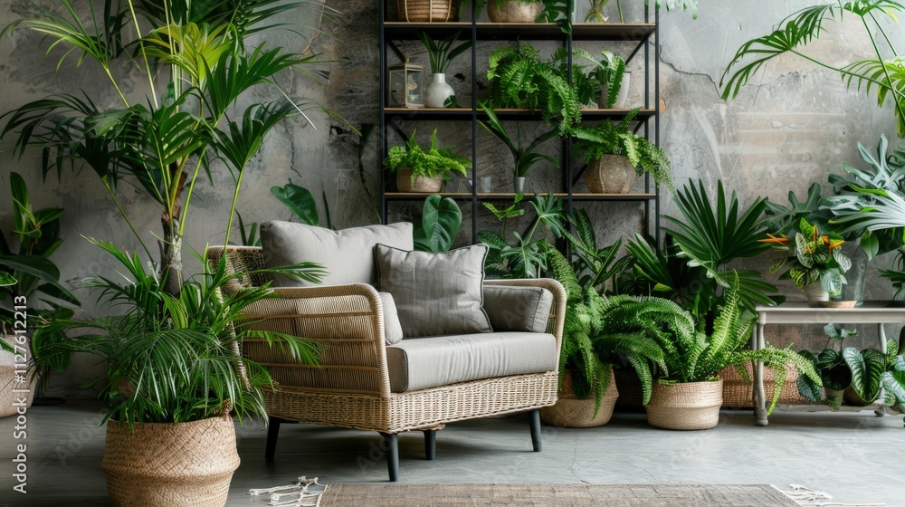 Contemporary Jungle: Neutral Living Room with Rattan Armchair and Tropical Plants Contemporary Jungle: Neutral Living Room with Rattan Armchair and Tropical Plants
