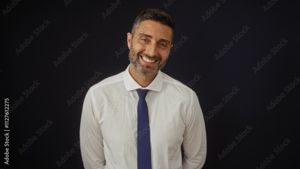 Man smiling confidently in white shirt and tie against black background with arms behind back exuding professional charm and friendly demeanor suitable for business use. Man smiling confidently in white shirt and tie against black background with arms behind back exuding professional charm and friendly demeanor suitable for business use.