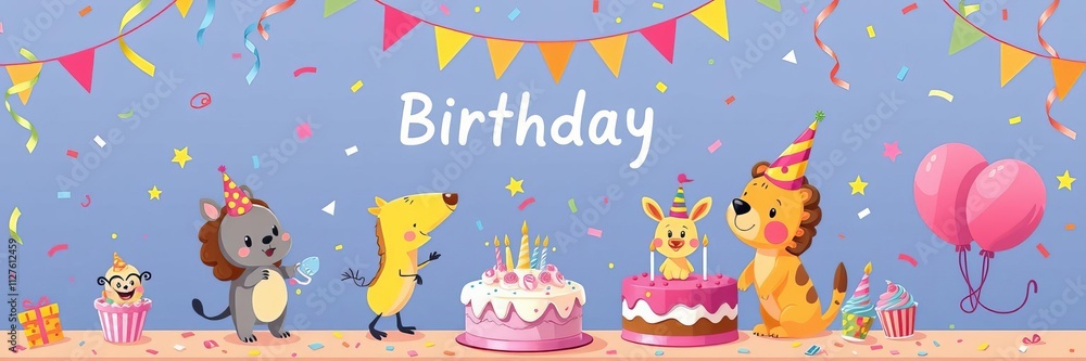 Obraz premium Birthday greeting card set featuring cute cartoon character animals, a delicious cake, and colorful confetti for a fun and festive celebration, cute, celebration