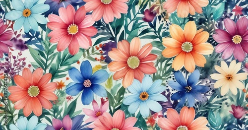 Wallpaper Mural Playful watercolor pattern with an assortment of colorful abstract flowers, colorful, wallpaper Torontodigital.ca