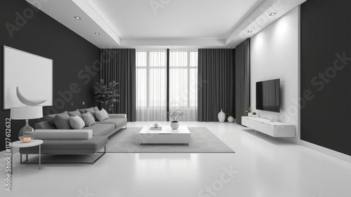 Black minimalist modern living room with sleek furniture and clean lines, featuring a monochromatic color scheme and minimalistic decor, monochromatic, furniture photo