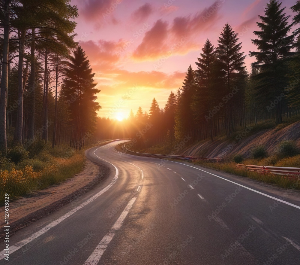 Race track winding through the woods under a colorful sunset sky, sky, colorful, outdoor Race track winding through the woods under a colorful sunset sky, sky, colorful, outdoor