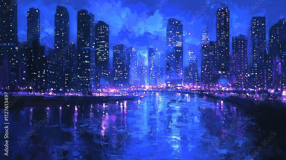 Fototapeta premium City skyline at night with illuminated buildings and reflections in water