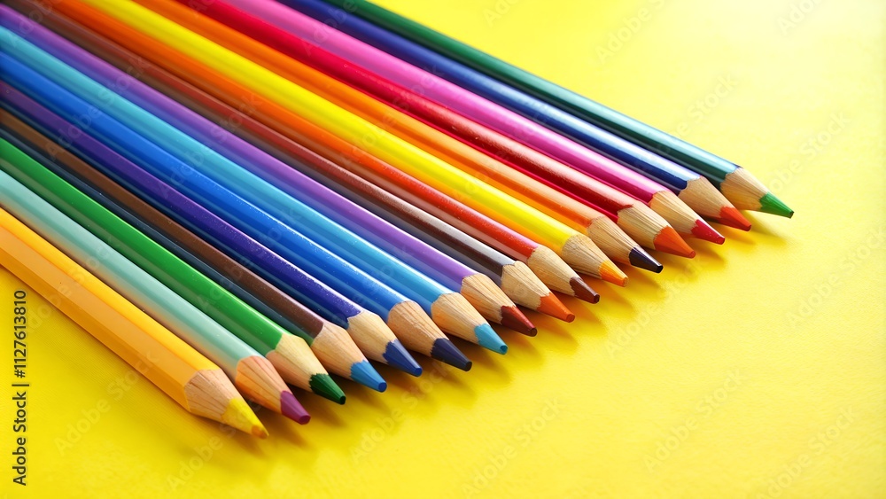 Collection of colored pencils arranged neatly on a bright yellow background for creative projects and artistic endeavors wallpaper background Collection of colored pencils arranged neatly on a bright yellow background for creative projects and artistic endeavors wallpaper background