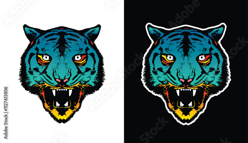 Evil tiger head. Original vector illustration in vintage style. T-shirt design.