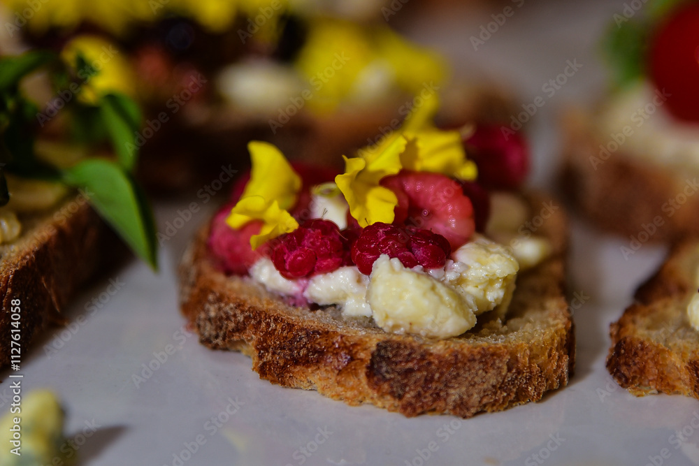 Brushetta, traditional Spanish tapas, Italian snacks, loaf of bread Brushetta, traditional Spanish tapas, Italian snacks, loaf of bread