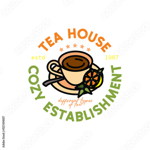 Original vector emblem of a tea cafe. T-shirt design.