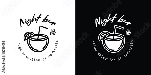 Original vector poster of a night bar. Coconut juice with a straw.