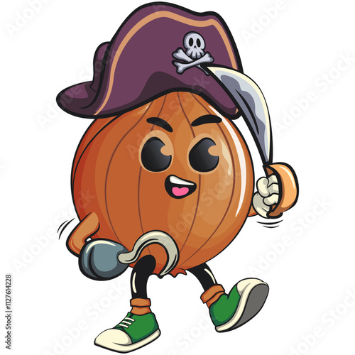 cute onion character as pirate with dagger, cartoon vector illustration, work of hand drawn