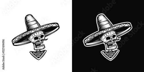 A skeleton with a moustache and a sombrero. Original vector illustration in vintage style. T-shirt design.