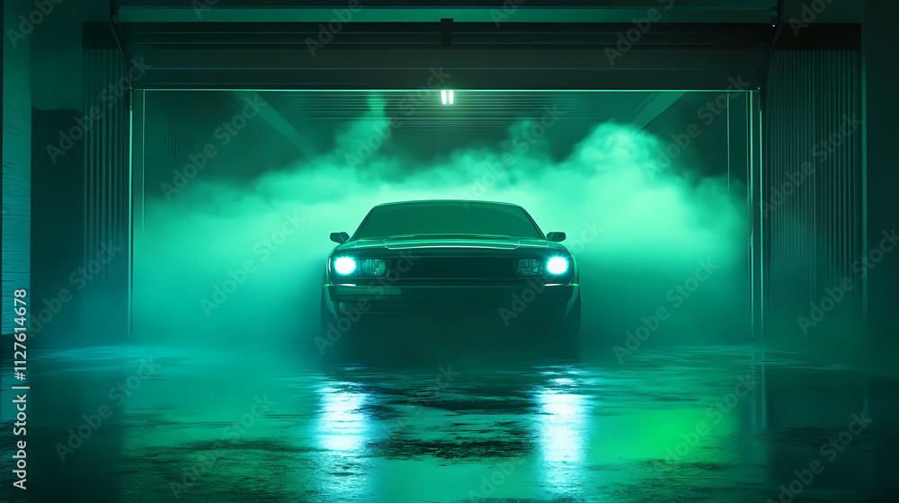 Eerie scene of a car in a fog-filled garage with mysterious green lighting, creating a surreal and atmospheric mood. Mystify. Illustration Eerie scene of a car in a fog-filled garage with mysterious green lighting, creating a surreal and atmospheric mood. Mystify. Illustration